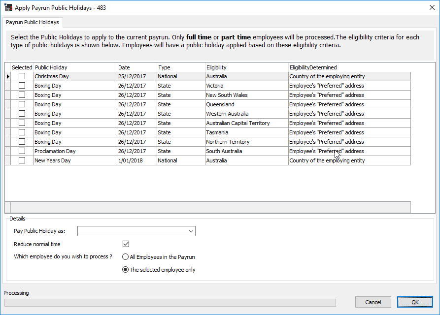 Apply Payrun Public Holidays