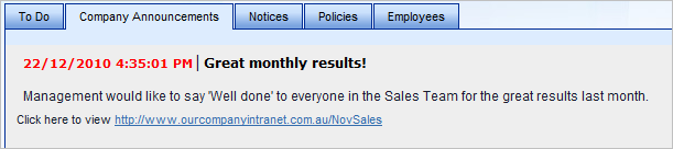 An active announcement in the Company Announcement tab