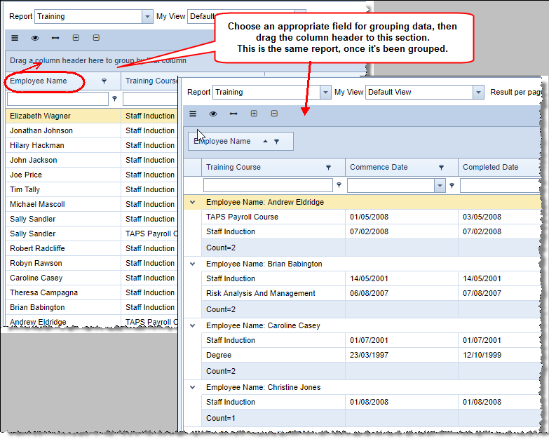 Example of a screen with the option to group by column headers