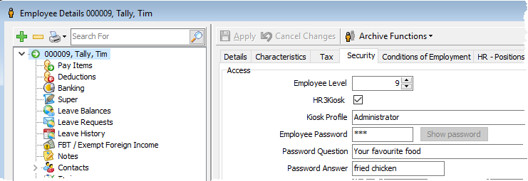 Security tab showing HR3kiosk access for an employee