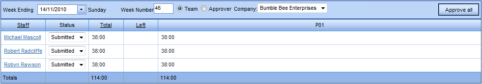 Submitted Team Timesheets