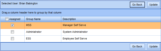 The Selected User window displaying the Group