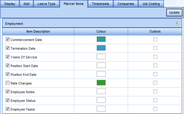 System Options - Planner Items showing the Employment category