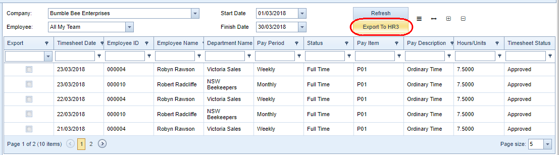 Timesheets Export to HR3