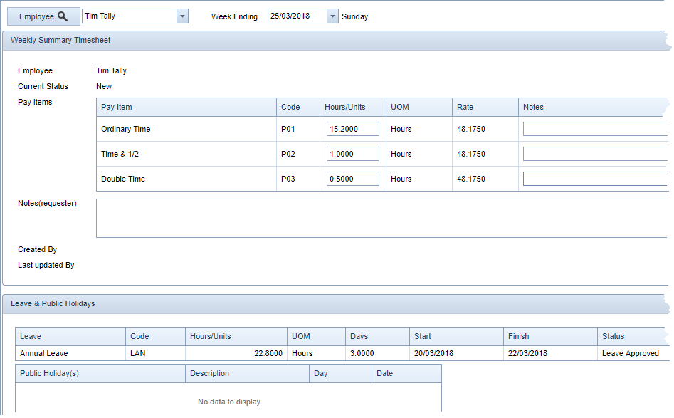 Weekly Summary Timesheet example