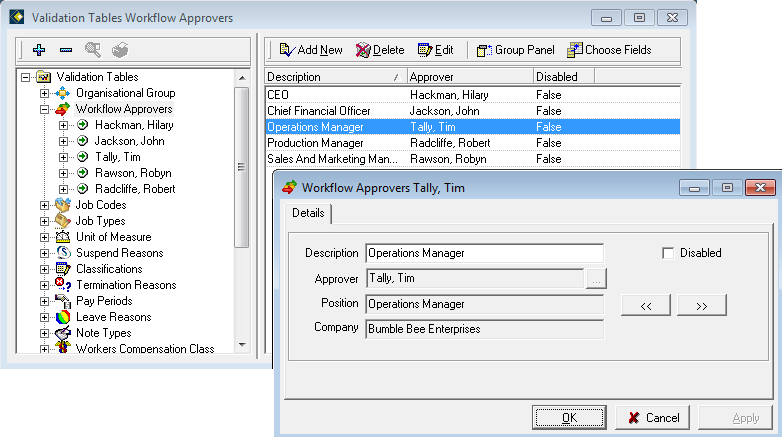 Workflow Approvers list - displaying details of one approver