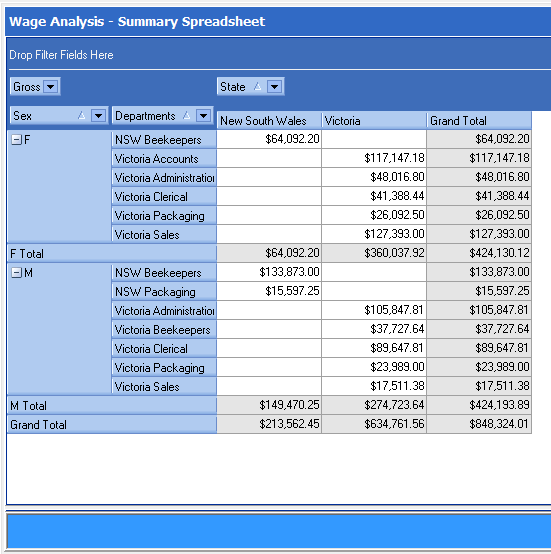 This shows a screenshot of a Wage Analysis - Summary Spreadsheet with no Prefilter applied.