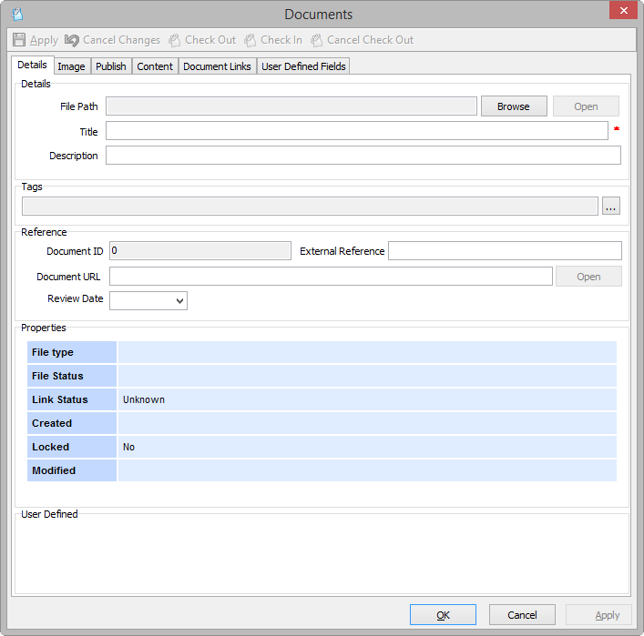 The Documents Window - for adding a new document