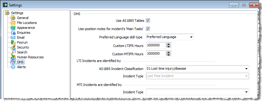 The Settings window, including the AS1885 Tables settings