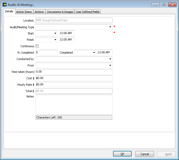 The blank Audits & Meetings window