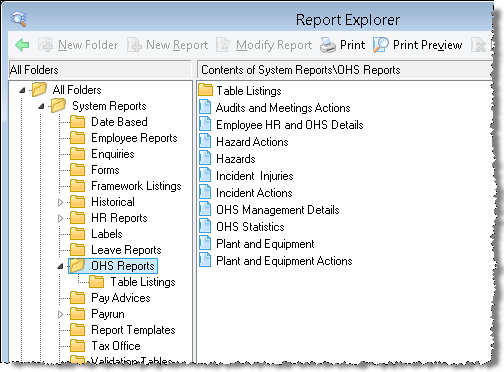 OHS Reports in Report Explorer