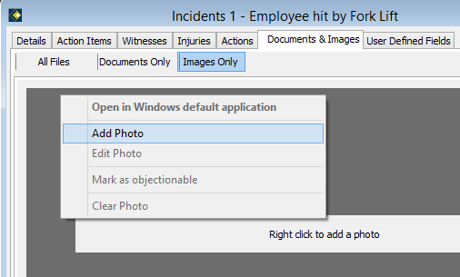With no image, click right mouse button to add a new photo